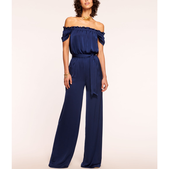 Ramy Brook 'Lee' Blue Satin Charmeuse Off Shoulder Jumpsuit Size M - NWT
